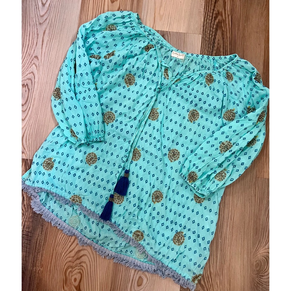 Lula Soul Womens Small Boho Turquoise Beaded Tassel Fringe Peasant Cottagecore